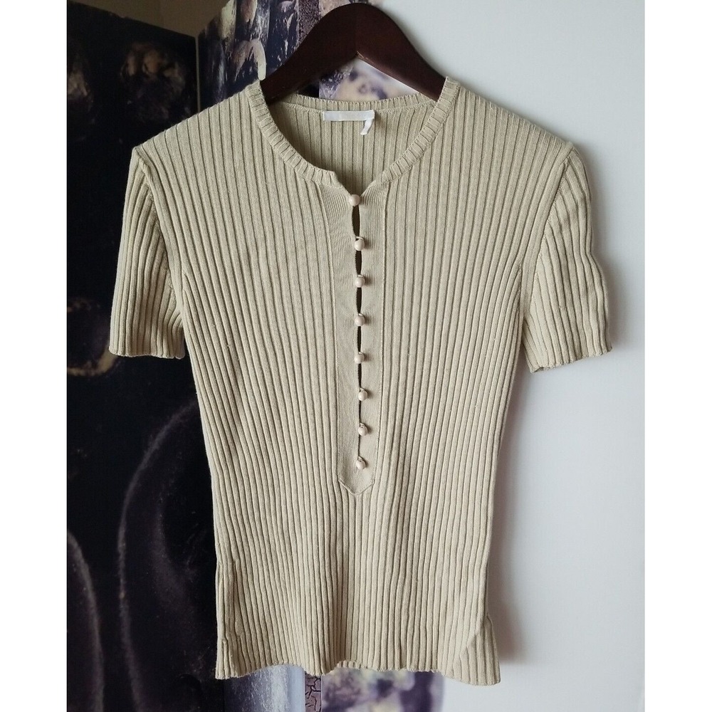 CHLOE Women's Short Sleeve Ribbed‎ Wool Cashmere Stretch Knit Top Size M TP01